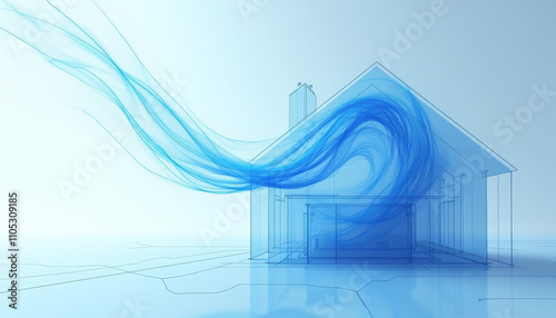 Abstract representation of home ventilation system upgrade with flowing blue air currents around a house outline