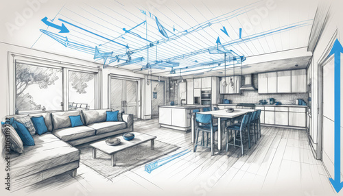 Creative blueprint of modern living space with home ventilation system upgrade and functional design photo