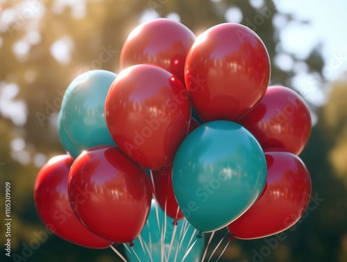 Red and teal balloons clustered together on sunny day. Bunch of colorful party balloons. Celebration atmosphere. Festive occasion. Outdoor setting with blurred background of trees. photo