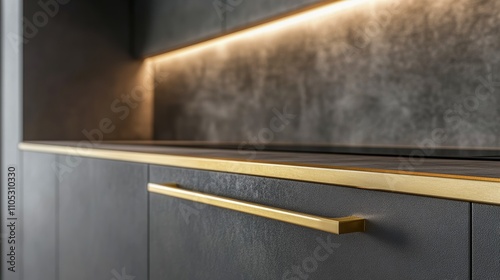 Stylish kitchen combining gold accents with sleek surfaces. photo