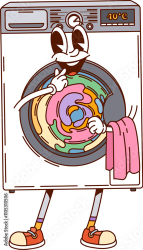 Groovy washing machine, cleaning and household character with linen inside expressing friendliness and playfulness. Isolated cartoon vector electric appliance retro personage ready for chores