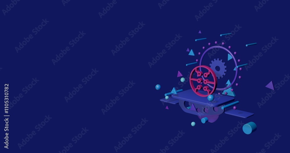 Pink microcircuit symbol on a pedestal of abstract geometric shapes floating in the air. Abstract concept art with flying shapes on the right. 3d illustration on indigo background