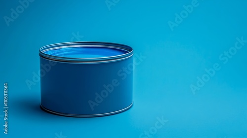 A can of blue paint open with matching blue background. photo