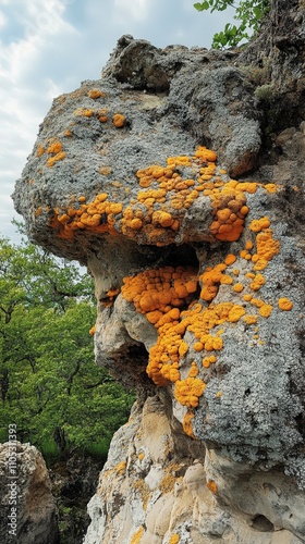 Vibrant orange lichen growing on a textured rock surface in a natural setting. Perfect for nature and texture photography. photo