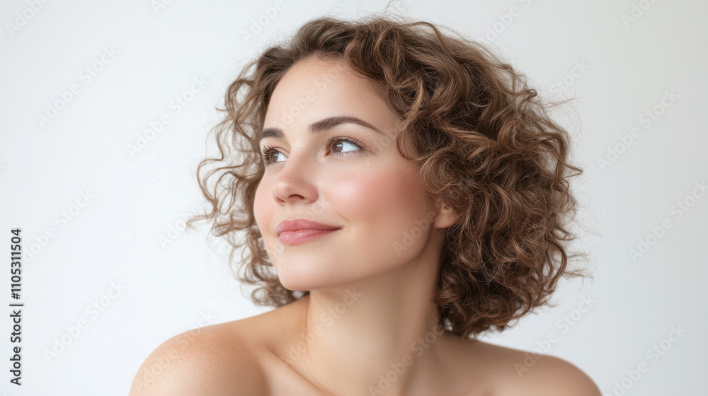 portrait of woman with curly hair looking away, exuding confidence and grace portrait of woman with curly hair looking away, exuding confidence and grace