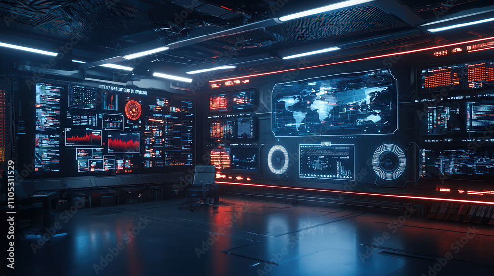 futuristic control room with glowing screens and data displays, showcasing advanced technology and cyberpunk aesthetics. atmosphere is high tech and immersive futuristic control room with glowing screens and data displays, showcasing advanced technology and cyberpunk aesthetics. atmosphere is high tech and immersive