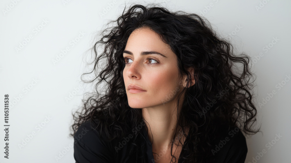 portrait of woman with curly hair looking thoughtfully away