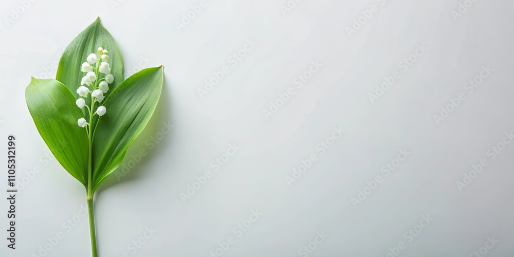 Fototapeta premium A single sprig of delicate lily of the valley blossoms against a minimalist light background