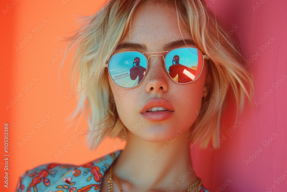 Fashionable Young Woman with Short Blonde Hair and Reflective Blue Sunglasses, Perfect for Summer Fashion or Lifestyle Editorial Generative AI