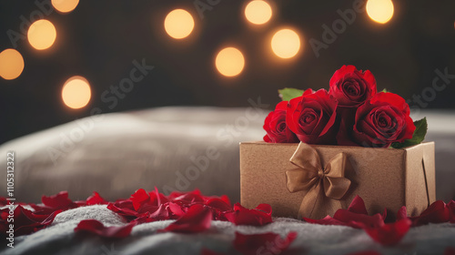 gift box with red roses and petals on bed, perfect for romance