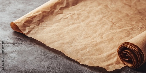 Brown baking paper in a textured background creates a perfect kraft cooking paper sheet mockup. This bakery parchment and greaseproof material offers an ideal setting for delicious baked goods. photo