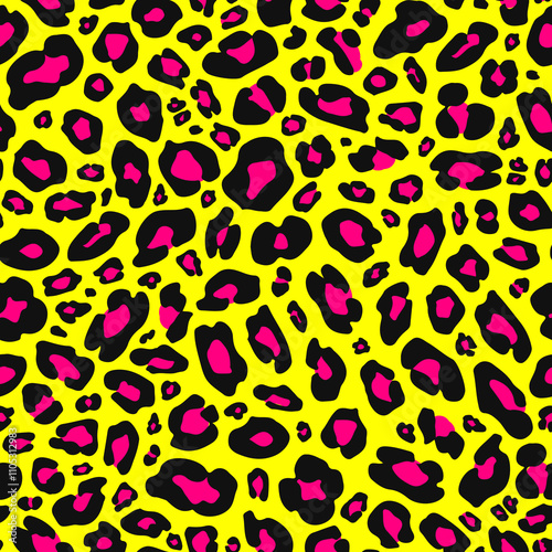 Neon yellow background with bold black and pink leopard spots, creating a vibrant and trendy seamless pattern perfect for fashion and textile designs