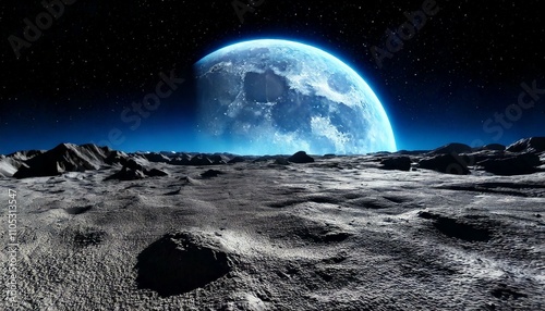 Vue lointaine de la Terre depuis la surface rocheuse de la Lune