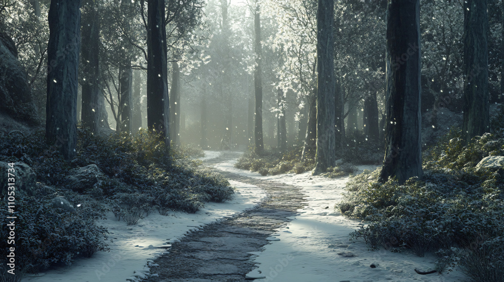 Fototapeta premium A snow-laden forest path winding between tall, frosted trees, inviting and mysterious.