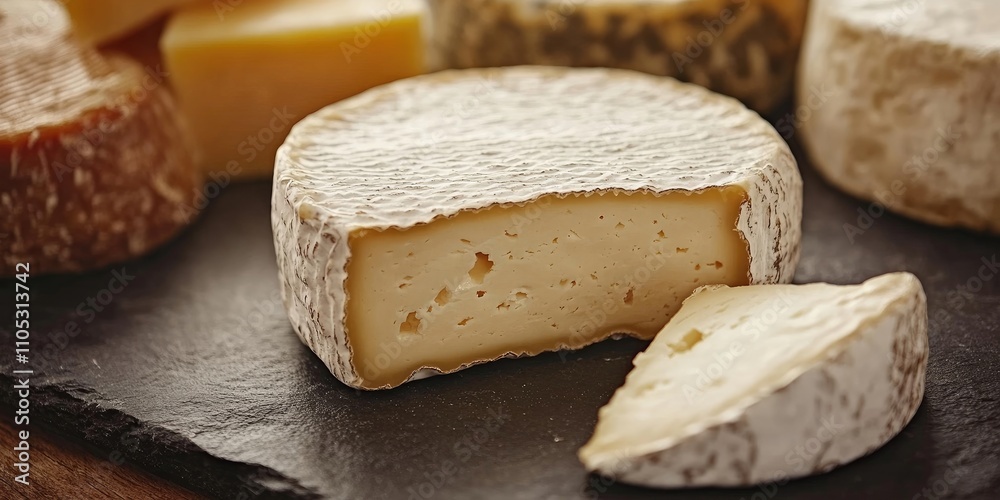 Cheese displayed on a slate surface, highlighting the rich texture and color of the cheese. This close up of cheese showcases its unique characteristics and appealing details. Cheese displayed on a slate surface, highlighting the rich texture and color of the cheese. This close up of cheese showcases its unique characteristics and appealing details.