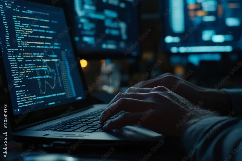 Close-up of hands typing code on laptop in dimly lit tech environment. Close-up of hands typing code on laptop in dimly lit tech environment.