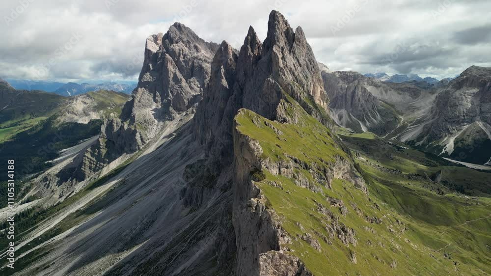 Seceda Ridge Alepe Ascending smoothly, the drone captures the stunning topography of ...