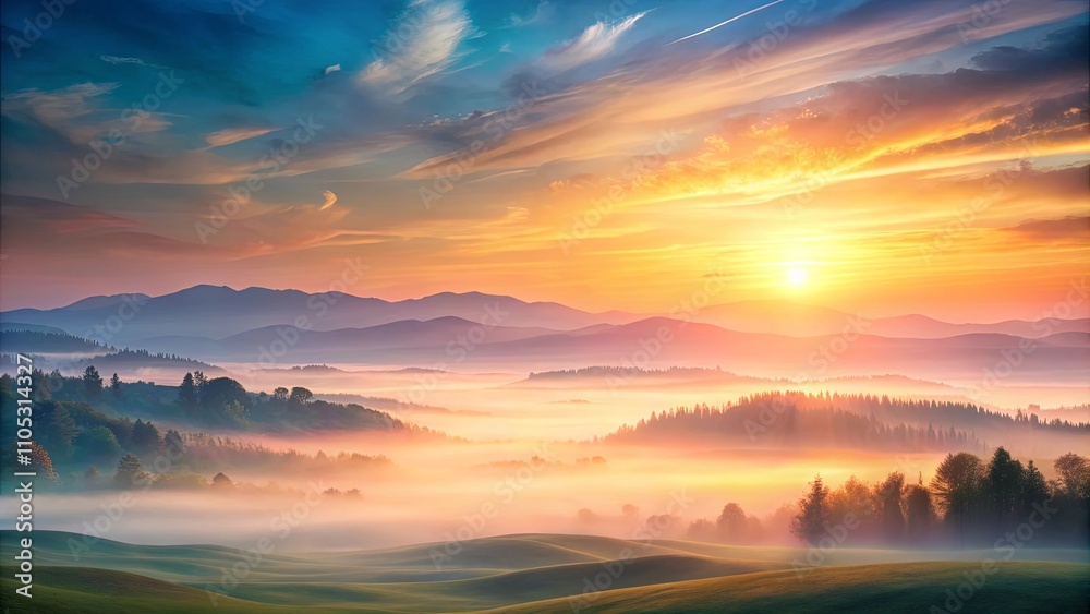 Serene Sunrise Over Rolling Hills and Misty Valley in a Picturesque Landscape Serene Sunrise Over Rolling Hills and Misty Valley in a Picturesque Landscape
