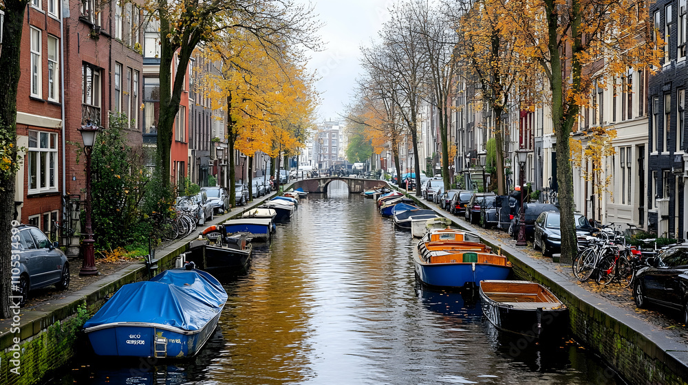 Naklejka premium Autumnal Canal Scene: Boats Moored Along City Streets, Golden Leaves Falling, Calm Water Reflecting Buildings