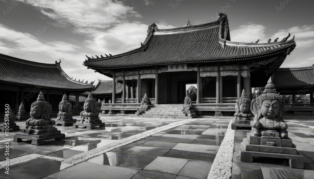 Fototapeta premium Serene monochrome image of an Asian temple courtyard with detailed sculptures and traditional architecture