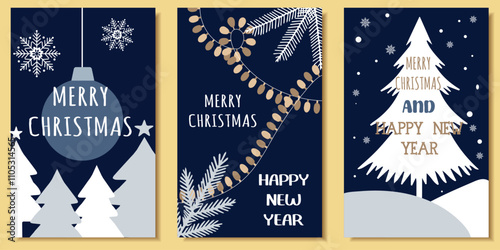 Merry  Christmas greeting cards and posters set. Modern marketing concepts for web and graphic  design.