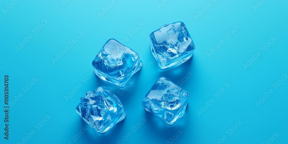 Four ice cubes with a blue hue are set against a matching blue background. This top view showcases the unique appearance of these ice cubes in a visually appealing way. Four ice cubes with a blue hue are set against a matching blue background. This top view showcases the unique appearance of these ice cubes in a visually appealing way.