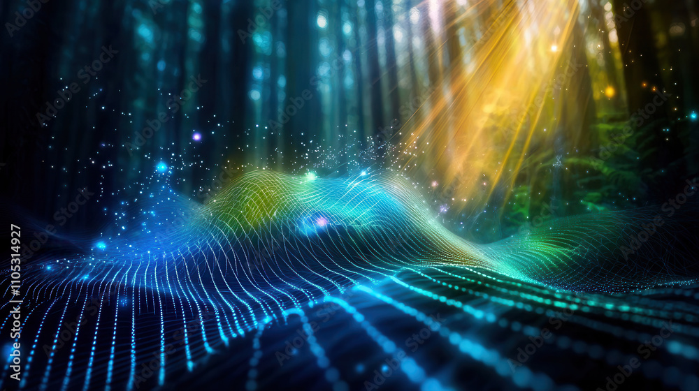 Fototapeta premium mesmerizing psychedelic landscape with vibrant colors and light beams illuminating digital wave pattern, creating surreal atmosphere