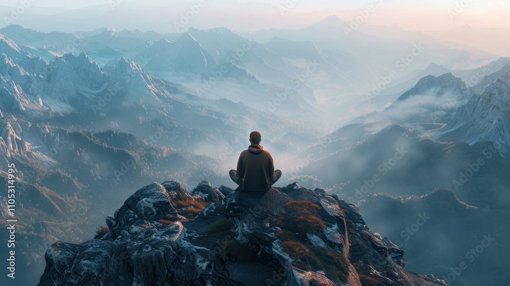 Fototapeta premium Person sitting alone on a mountaintop, deep in thought