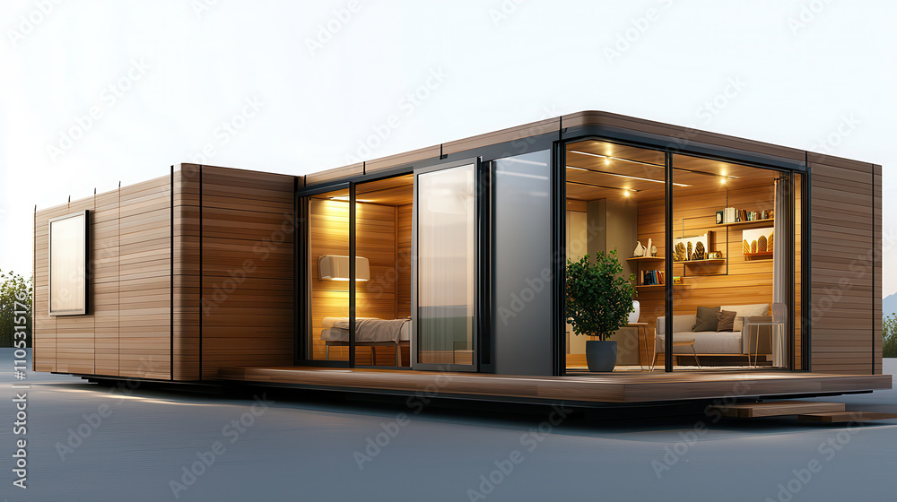 modern modular home constructed with sustainable materials, featuring large glass windows and wooden exterior. interior showcases cozy living space with natural light modern modular home constructed with sustainable materials, featuring large glass windows and wooden exterior. interior showcases cozy living space with natural light