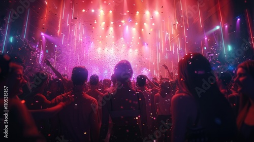 Gloomy crowd having fun at a night club party with confetti and colorful lights.