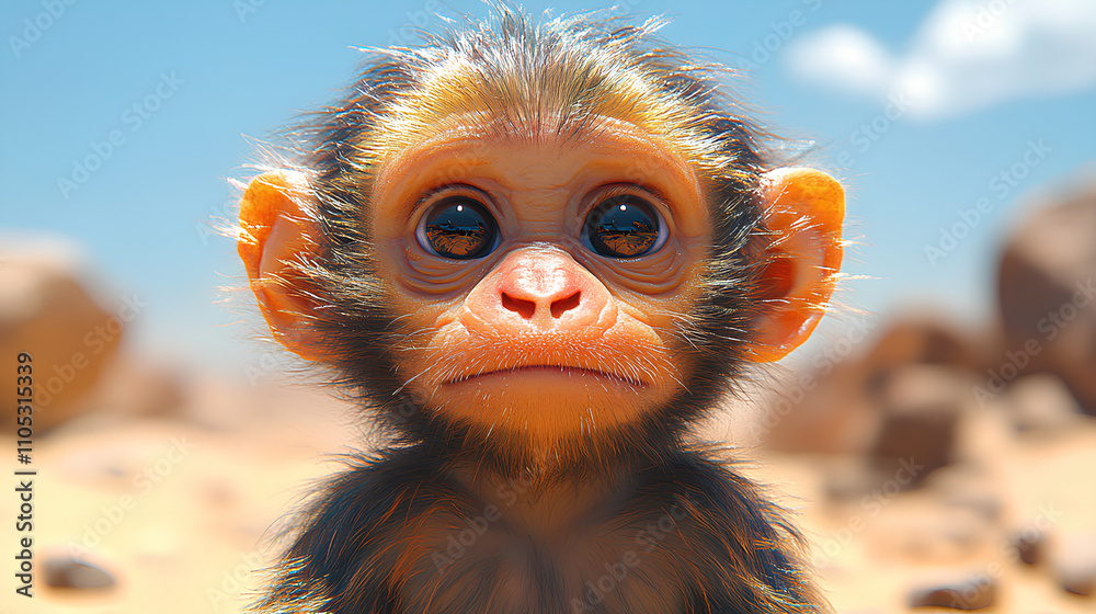 Fototapeta premium A cute monkey with large eyes in a desert landscape.