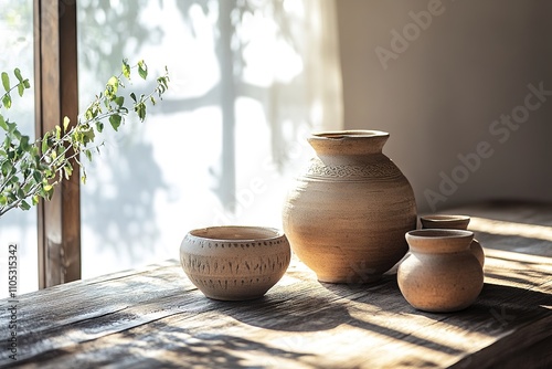 Morning light on earthen pots, shadow play, rustic charm
