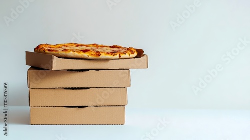 Pizza boxes stacked neatly with one pizza visibly on top.