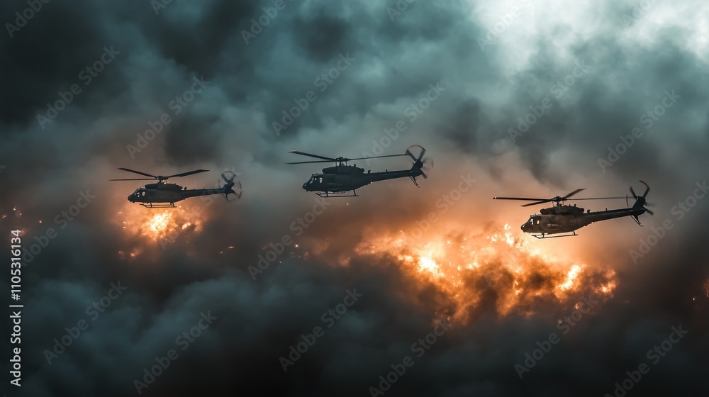Fototapeta premium Military helicopters flying in formation above a smoky battlefield with bright flashes below 