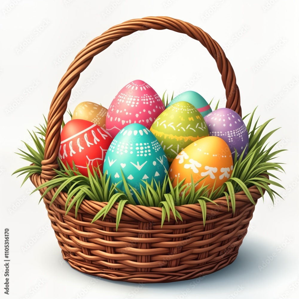Colorful Easter eggs nestled in wicker basket filled with grass. Decorated eggs showcase vibrant spring colors, cute patterns. Image represents joy of Easter celebrations. Basket traditional symbol Colorful Easter eggs nestled in wicker basket filled with grass. Decorated eggs showcase vibrant spring colors, cute patterns. Image represents joy of Easter celebrations. Basket traditional symbol