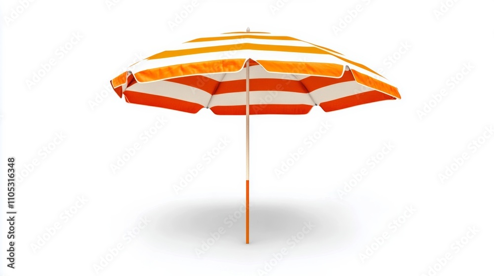 A vibrant orange and white beach umbrella against white backdrop.