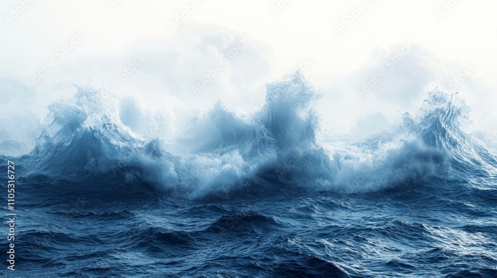 Fototapeta premium Powerful Stormy Sea Wave in Deep Blue, Isolated on White Background, Climate Change Concept Generative AI