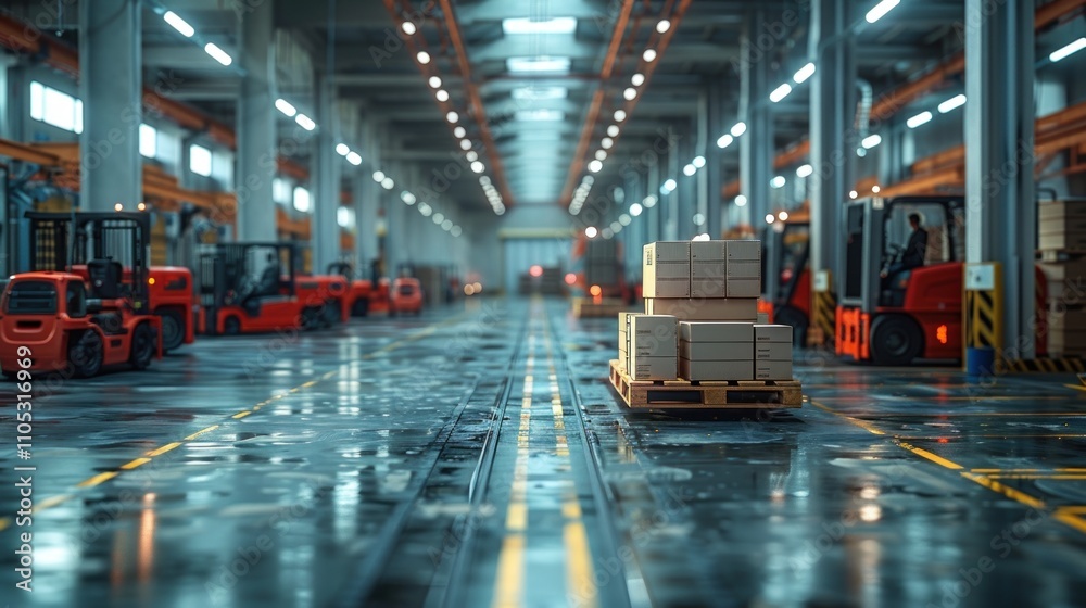 Warehouse worker loading boxes onto a pallet in a logistics warehouse Warehouse worker loading boxes onto a pallet in a logistics warehouse