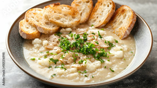 Creamy Cauliflower Soup with Toasted Bread and Parsley Garnish in a Gray Bowl