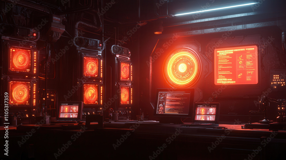 futuristic workshop filled with glowing screens and red lighting, showcasing advanced technology and intricate machinery. atmosphere is intense and immersive futuristic workshop filled with glowing screens and red lighting, showcasing advanced technology and intricate machinery. atmosphere is intense and immersive