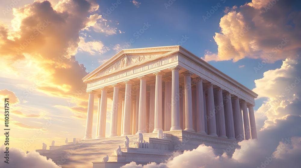 Obraz premium A Majestic White Marble Temple with Doric Columns Stands on a Platform of Clouds, Bathed in Golden Sunlight with Dramatic Clouds Overhead