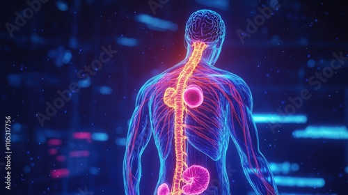 Futuristic human nervous system anatomy, neon x-ray body scan illustration, glowing spine and brain health concept background