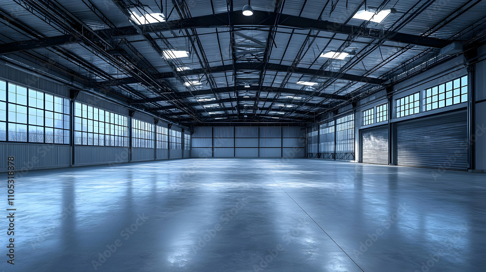 Spacious Industrial Warehouse with Large Windows and Roll-Up Doors, Showing Empty Interior Floor Space and a Steel Roof Structure Spacious Industrial Warehouse with Large Windows and Roll-Up Doors, Showing Empty Interior Floor Space and a Steel Roof Structure