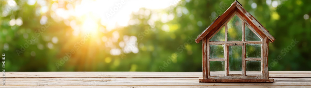 A small, charming house model sits on a wooden surface, illuminated by warm sunlight, surrounded by a lush green background, evoking a sense of tranquility and homeliness. A small, charming house model sits on a wooden surface, illuminated by warm sunlight, surrounded by a lush green background, evoking a sense of tranquility and homeliness.