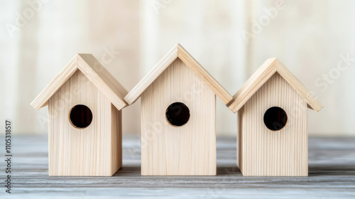 Three wooden birdhouses with circular entrances, arranged neatly on a wooden surface, create a charming and minimalist aesthetic.