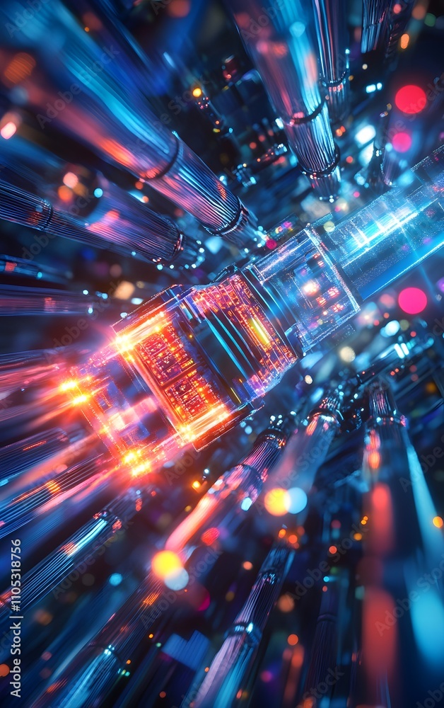 A high-tech fiber optic cable surrounded by advanced optical components, enhancing data transfer through specialized lenses and light manipulation A high-tech fiber optic cable surrounded by advanced optical components, enhancing data transfer through specialized lenses and light manipulation