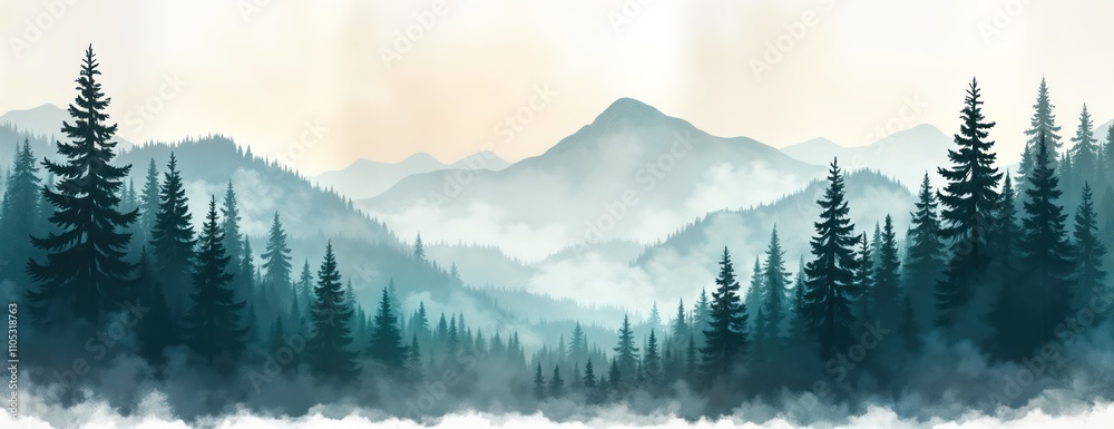 Obraz premium Misty forest landscape with mountains. Silhouette trees, hills. Watercolor style. Foggy morning evening scene. Nature themed art perfect for wallpaper posters. Suitable for eco nature lovers.