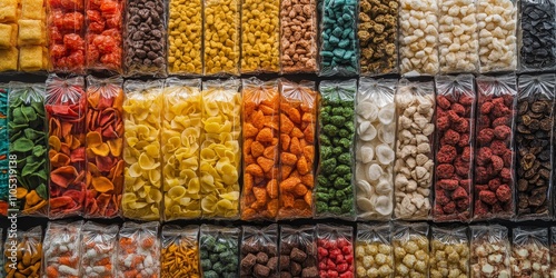 Assorted snack items or market food, beautifully wrapped in plastic, create an appealing display of assorted snacks. This assortment of snacks showcases the vibrant variety of market foods available.