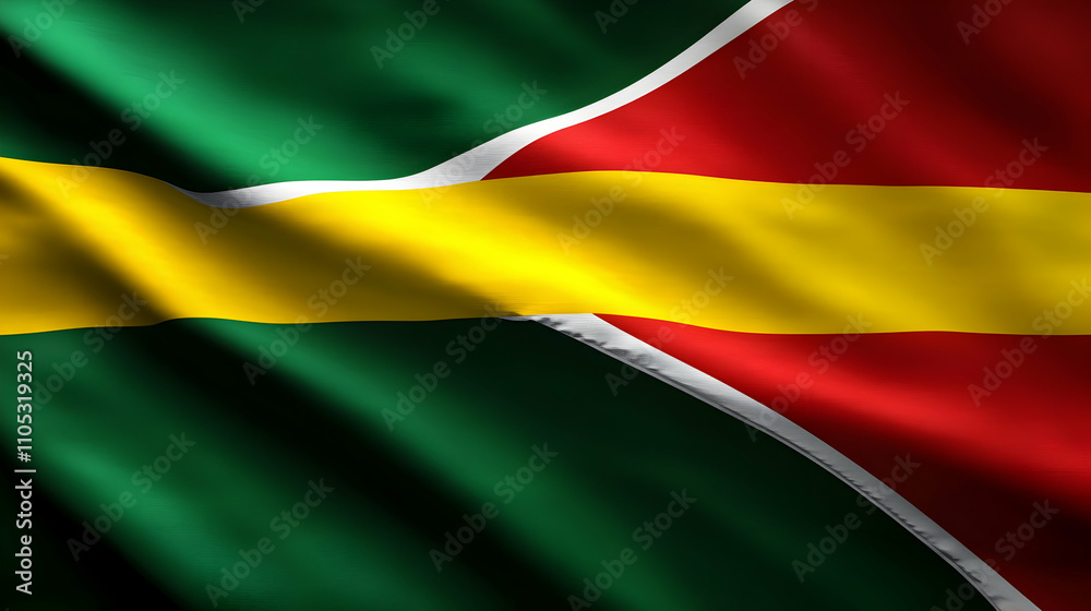 Waving Green, Yellow, and Red Flag with a Diagonal White Stripe, National Flag of Guyana Waving Green, Yellow, and Red Flag with a Diagonal White Stripe, National Flag of Guyana