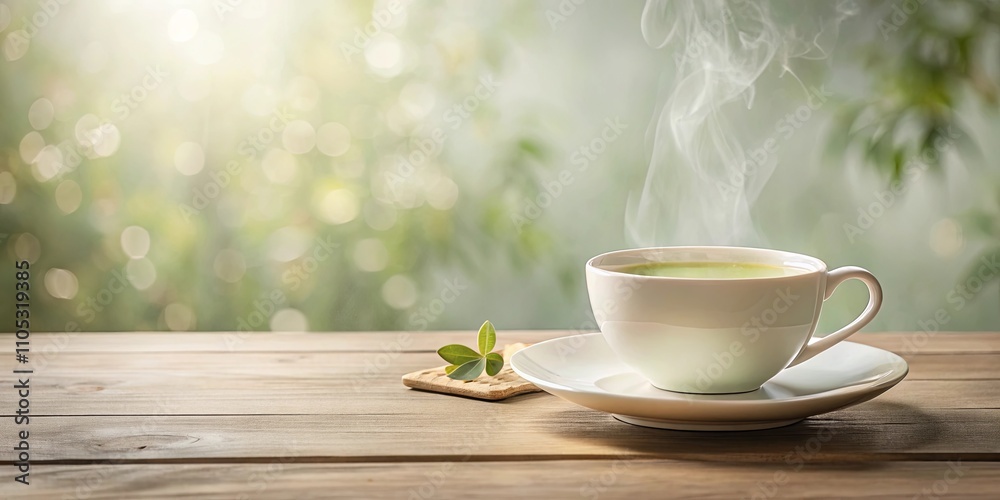 Aromatic Steam Rising from a Cup of Green Tea on Wooden Table Aromatic Steam Rising from a Cup of Green Tea on Wooden Table